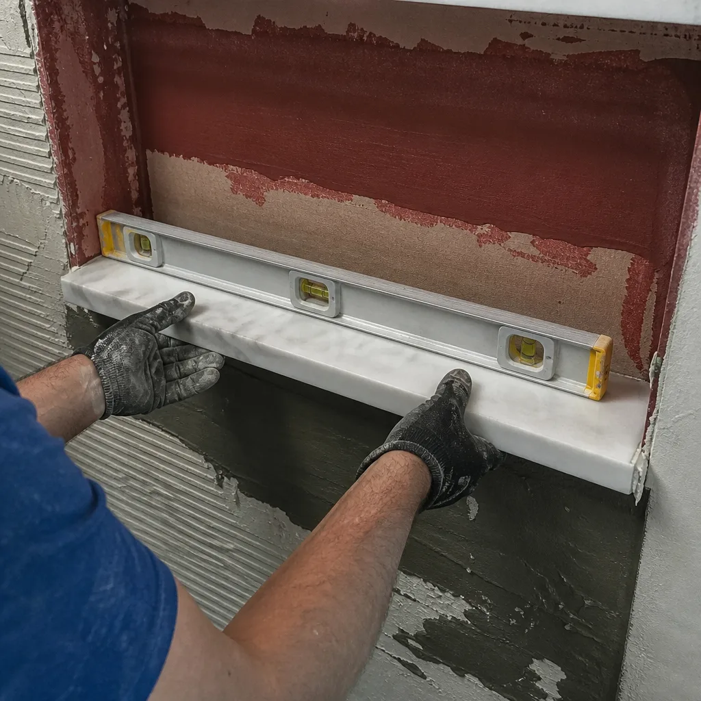 Contractor installing a level marble shelf during a bathroom remodel