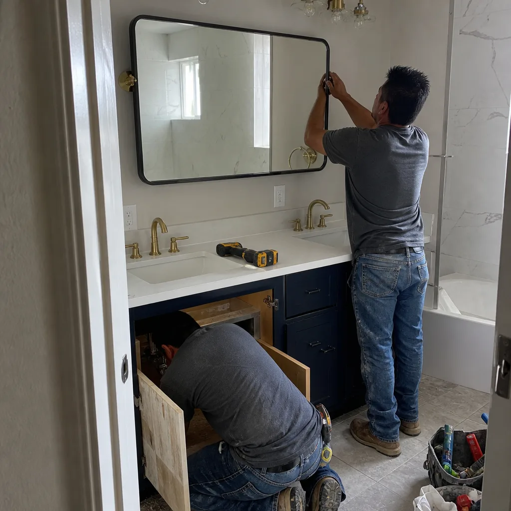 Two professional contractors working on a bathroom renovation and vanity installation.