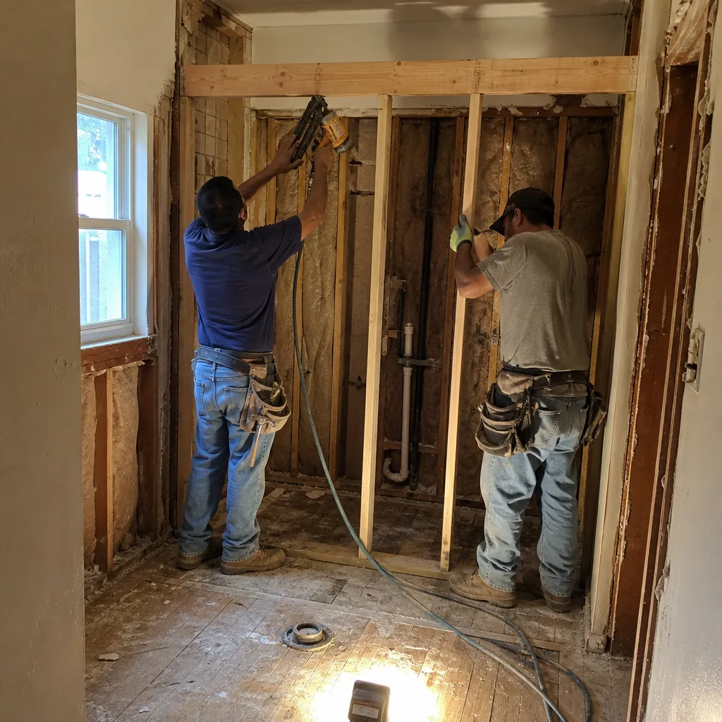Two construction workers framing a wall during a bathroom remodel
