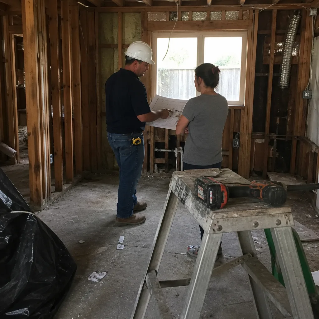General contractor and homeowner reviewing construction plans in a room under renovation