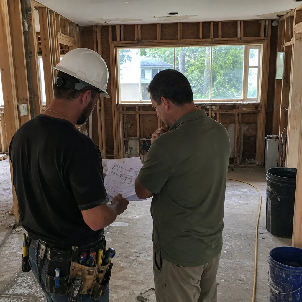 General contractor and client reviewing blueprints on a residential construction site