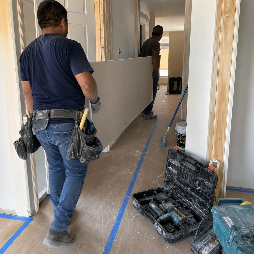 Two general contractors carrying drywall through a house construction site