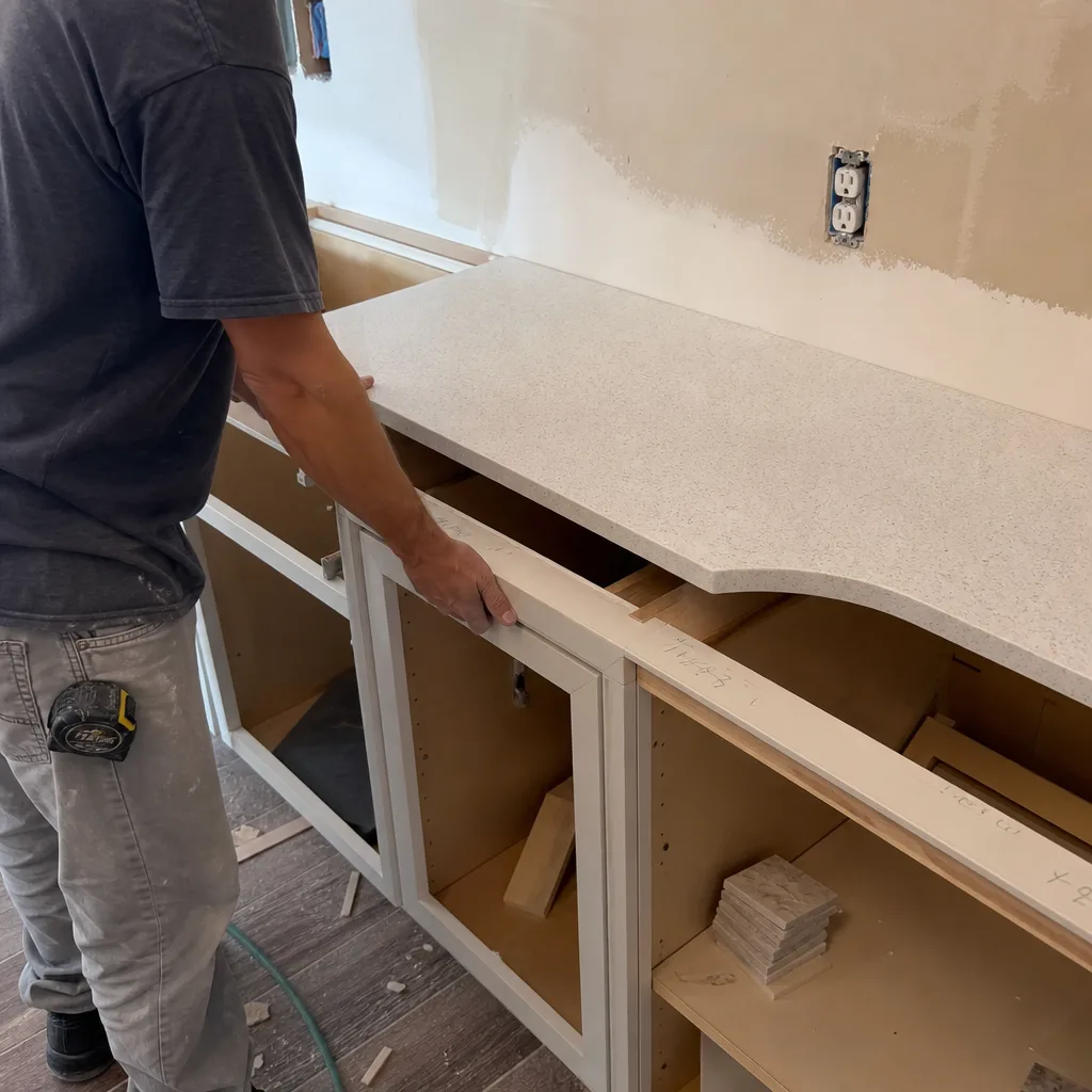 Contractor installing custom kitchen countertop during home renovation