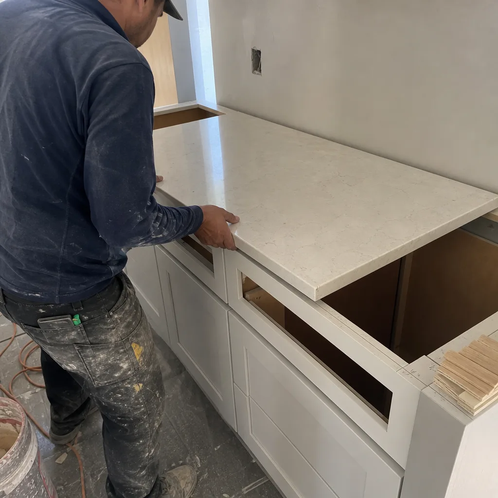 professional contractor installing a quartz countertop during a kitchen remodeling project