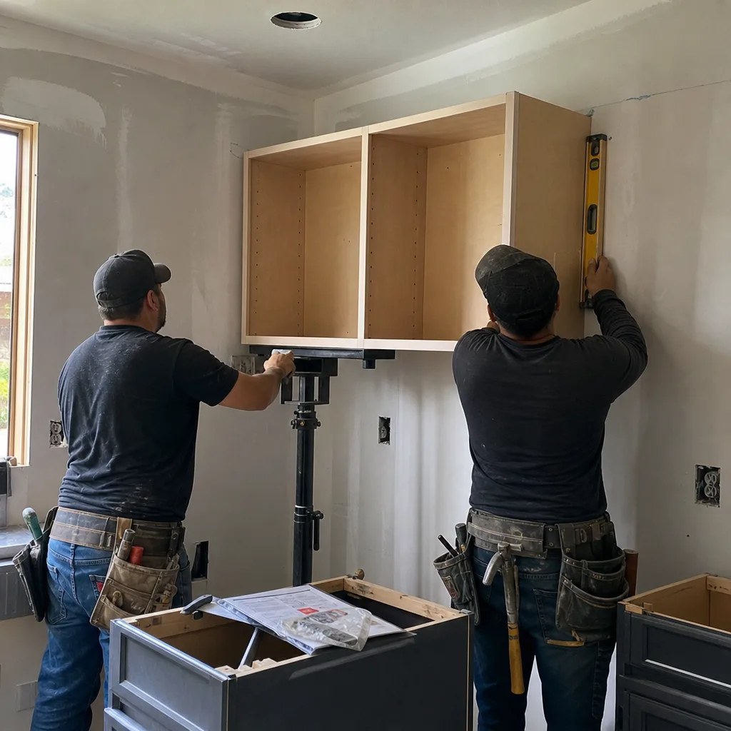 Two contractors installing wall cabinets for a professional kitchen remodeling project.