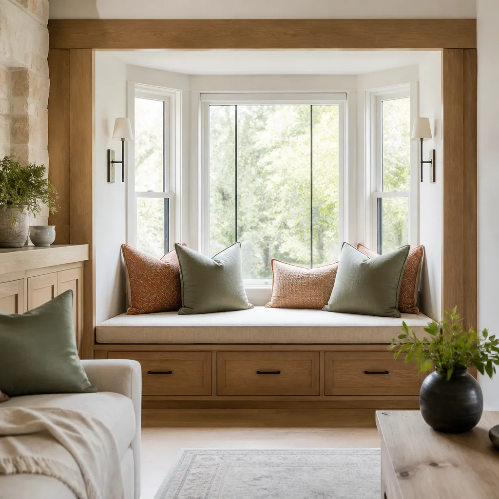 A built-in window seat in a bay window