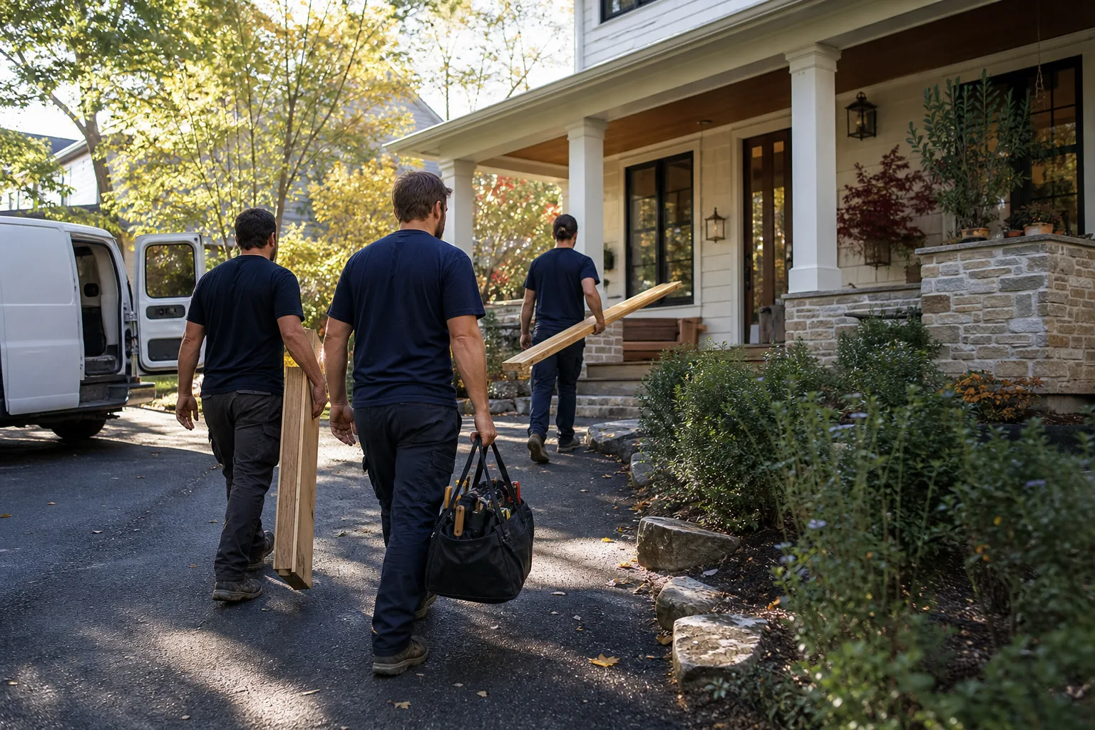 A remodeling crew arriving at a home with lumber and tools